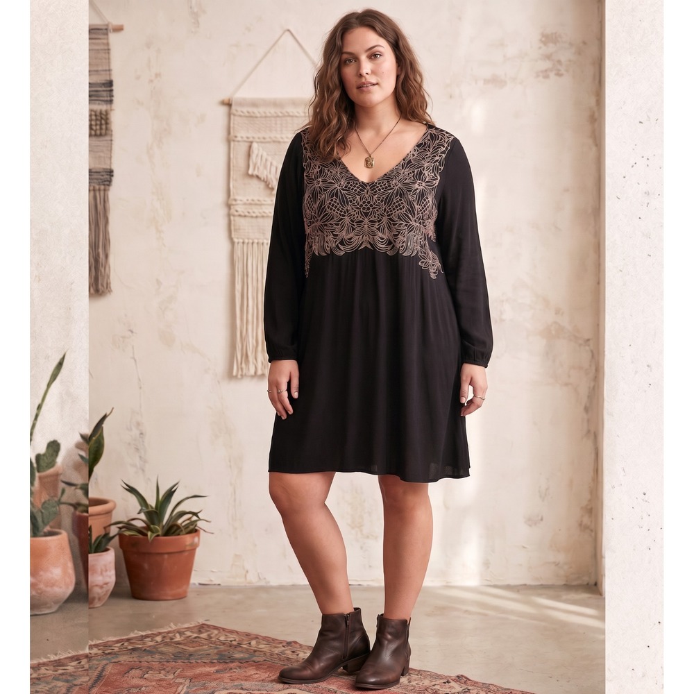 As U Wish Black Embroidered Boho Whimsigoth Peasant Tunic Dress 3X Grunge 90s 3X